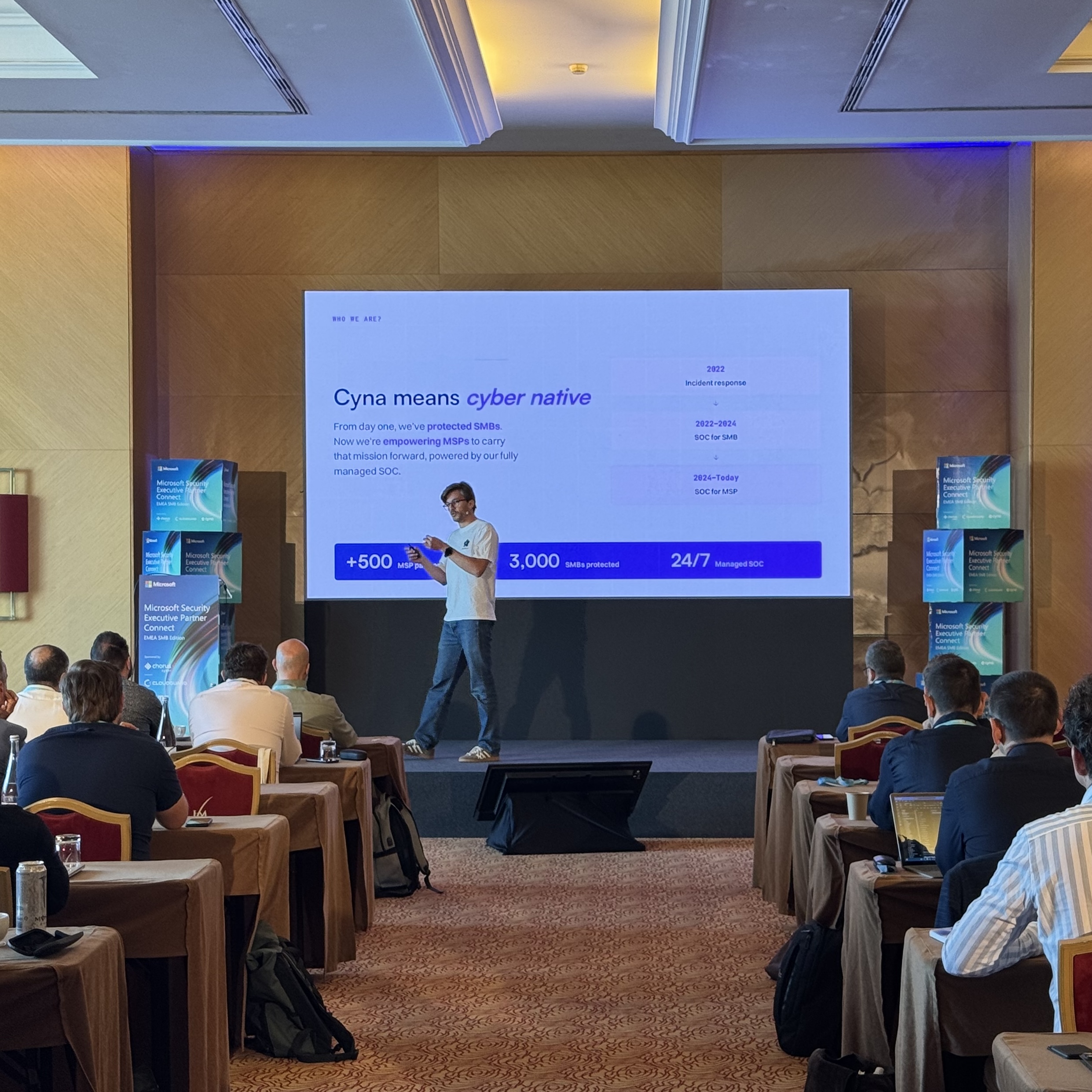 Cyna "cyber native" presentation in front of Microsoft partners at the Security Executive Partner Connect EMEA in Cascais