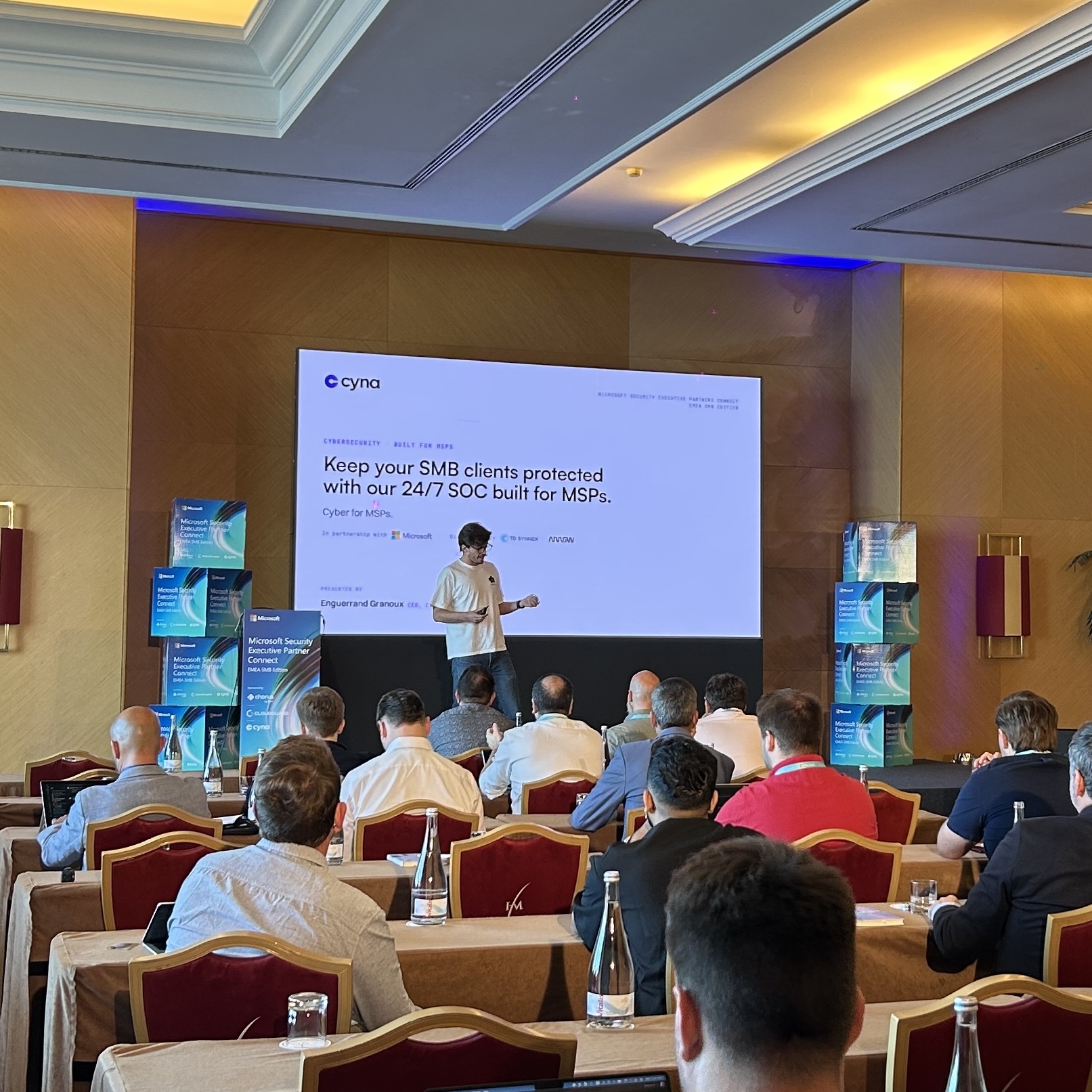 Enguerrand Granoux, CEO of Cyna, presents the 24/7 managed SOC offering for MSPs at the Microsoft Security Executive Partner Connect EMEA